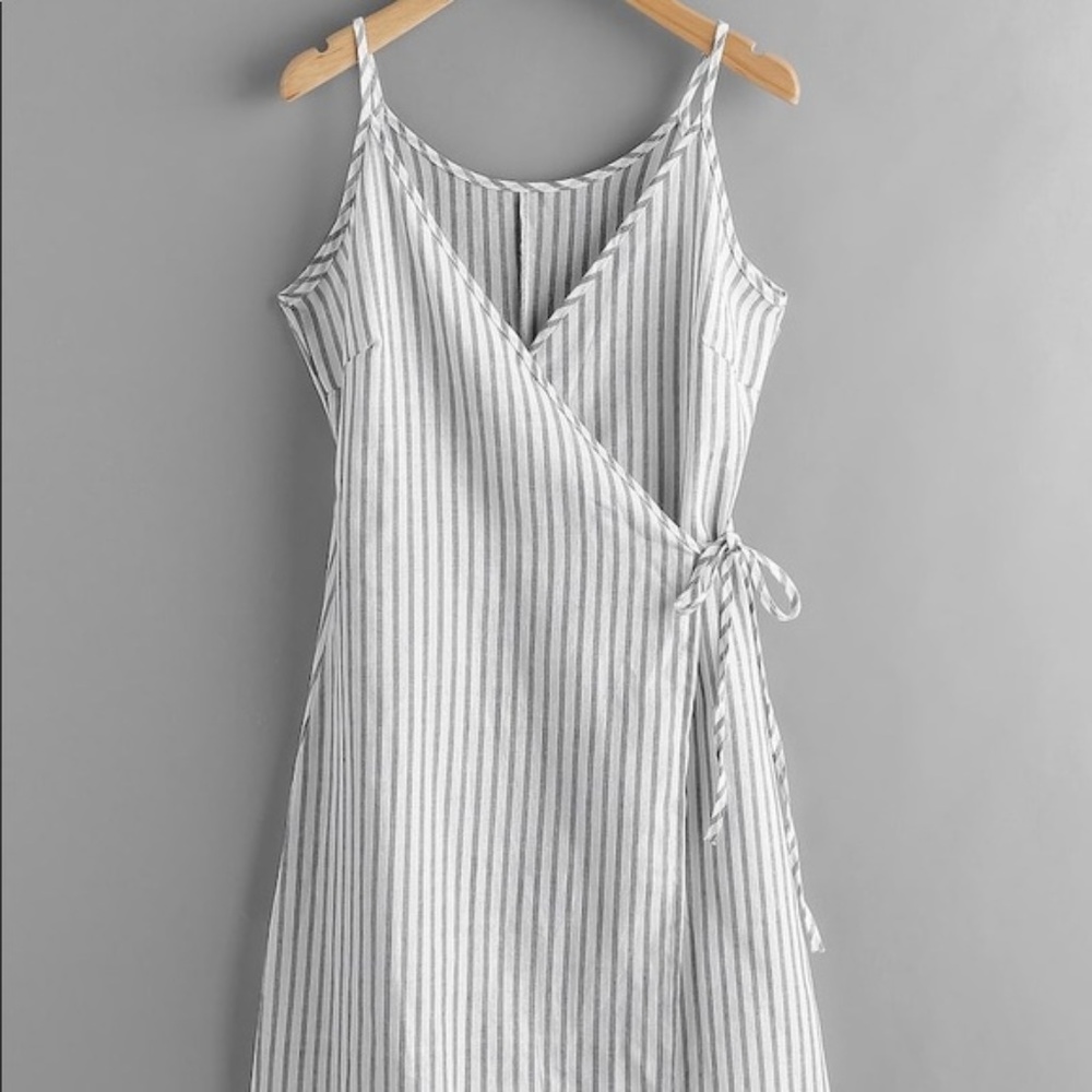 Vertical Striped Spaghetti Strap Wrap Dress